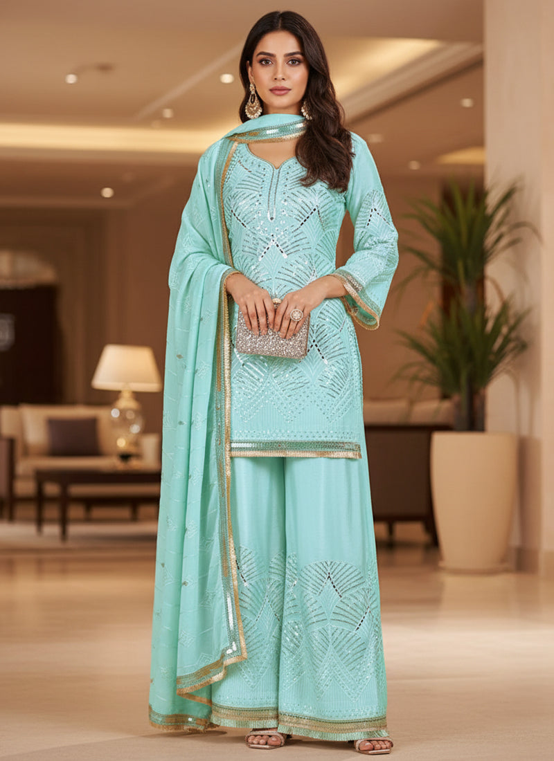 Sky Blue Silk Mirror Work Occasional Wear Readymade Plazzo Suit SW520155
