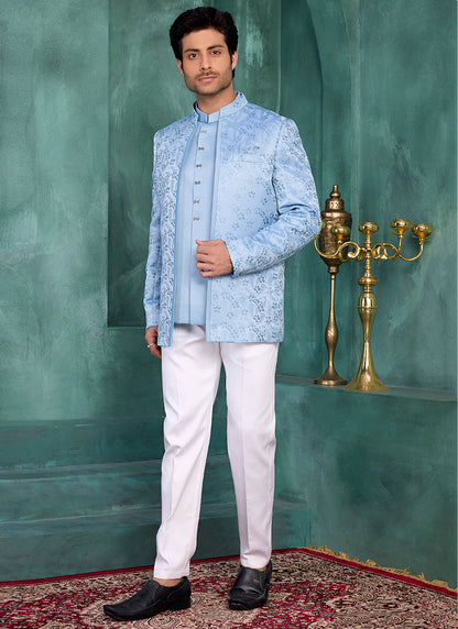 Sky Blue Silk Pattern Pc Work Party Wear Readymade Jodhpuri Suit SW709930