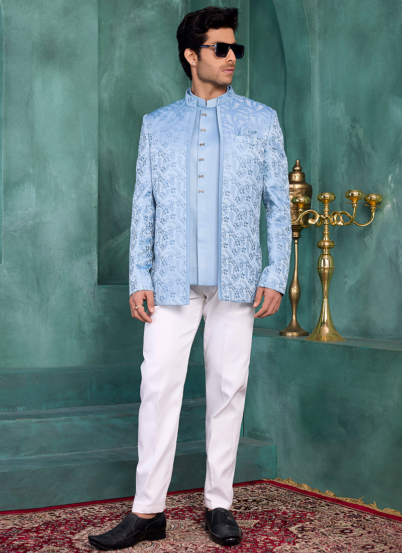 Sky Blue Silk Pattern Pc Work Party Wear Readymade Jodhpuri Suit SW709930