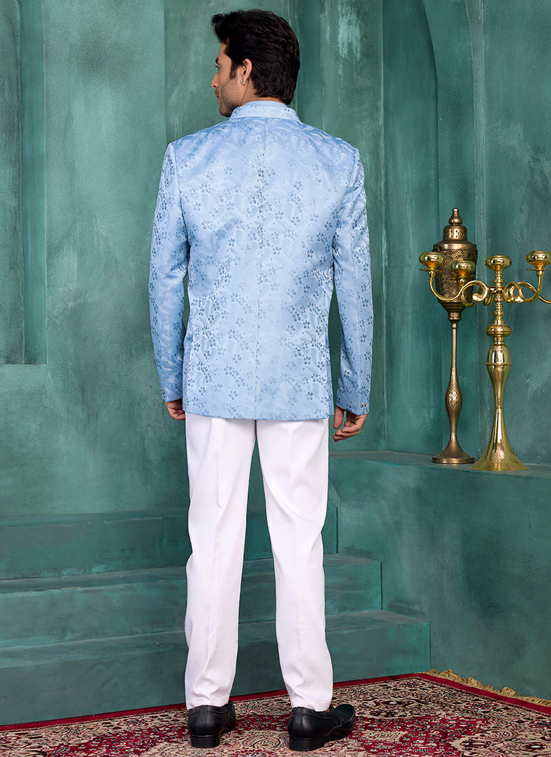 Sky Blue Silk Pattern Pc Work Party Wear Readymade Jodhpuri Suit SW709930