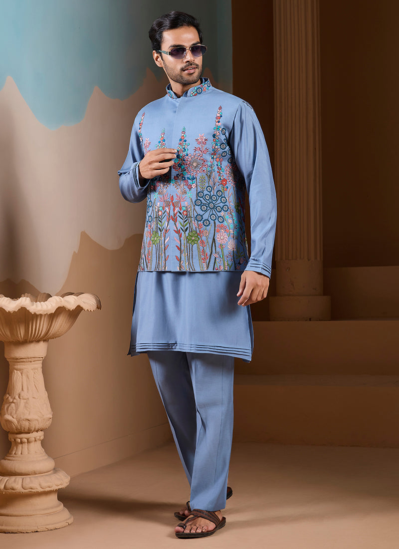 Silk Sky Blue Wedding Wear Embroidery Work Readymade Kurta Pajama With Jacket 387110