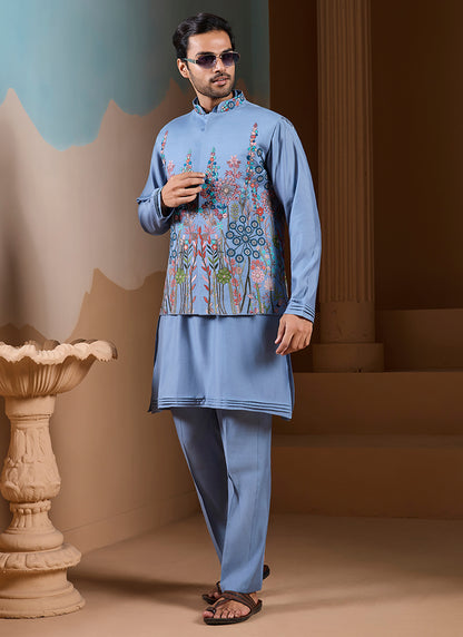 Silk Sky Blue Wedding Wear Embroidery Work Readymade Kurta Pajama With Jacket 387110