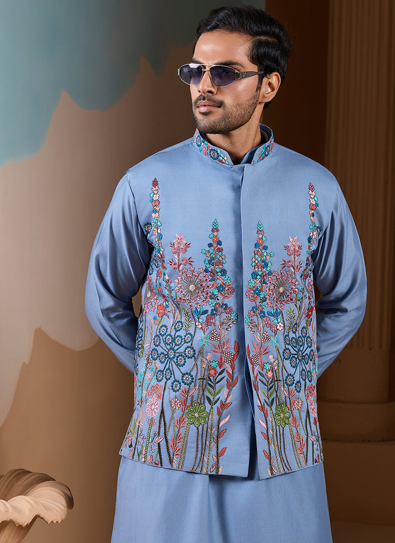 Silk Sky Blue Wedding Wear Embroidery Work Readymade Kurta Pajama With Jacket 387110