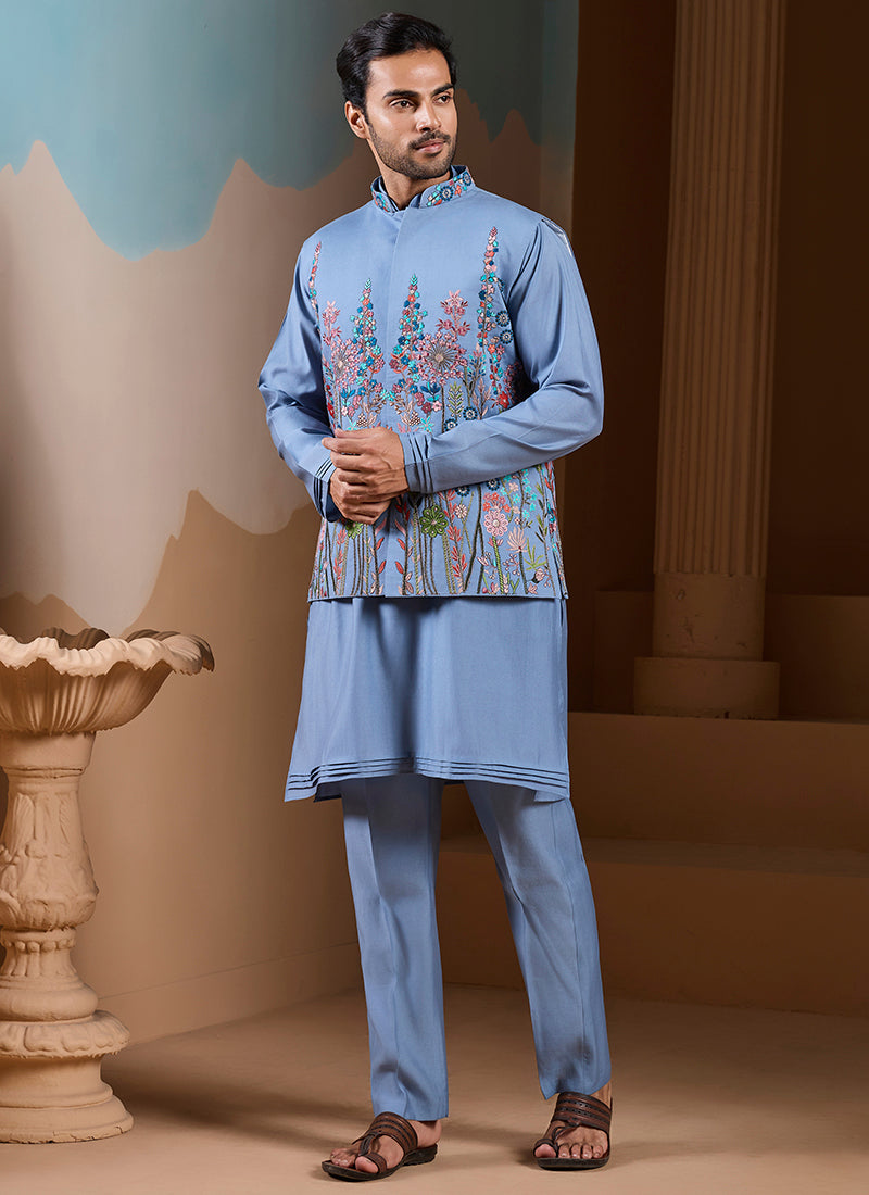 Silk Sky Blue Wedding Wear Embroidery Work Readymade Kurta Pajama With Jacket 387110