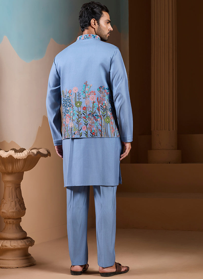 Silk Sky Blue Wedding Wear Embroidery Work Readymade Kurta Pajama With Jacket 387110
