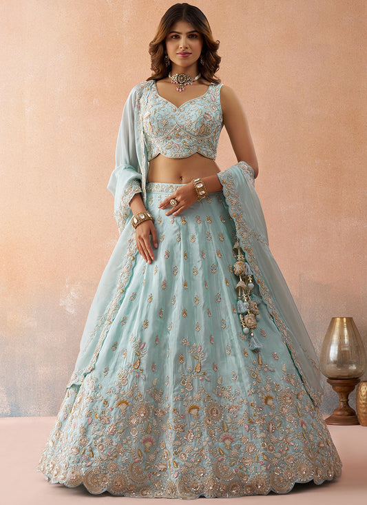 Sky Blue Tissue Bead Work Occasional Wear Lehenga Choli SW613894