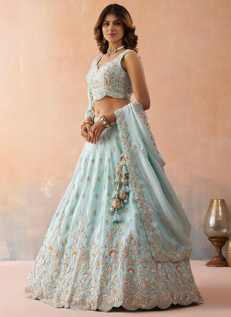 Sky Blue Tissue Bead Work Occasional Wear Lehenga Choli SW613894