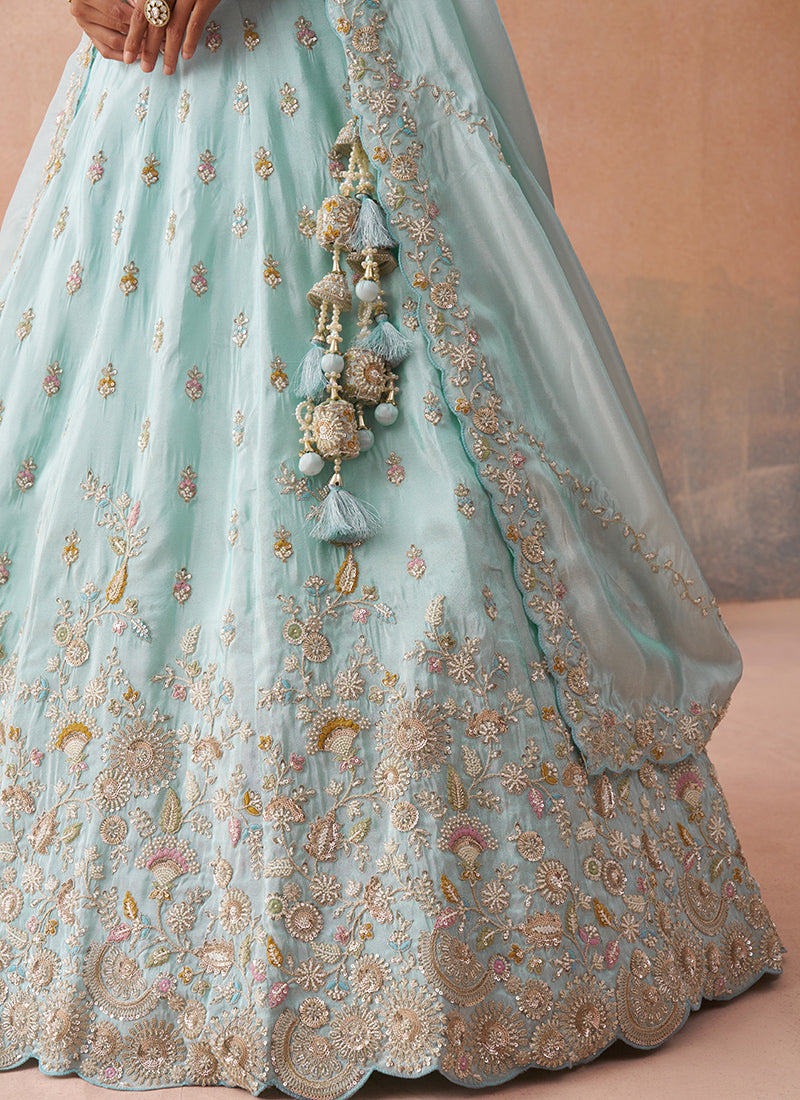 Sky Blue Tissue Bead Work Occasional Wear Lehenga Choli SW613894