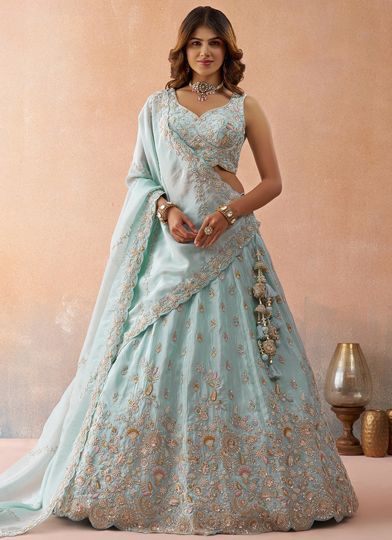 Sky Blue Tissue Bead Work Occasional Wear Lehenga Choli SW613894