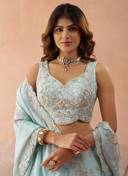 Sky Blue Tissue Bead Work Occasional Wear Lehenga Choli SW613894
