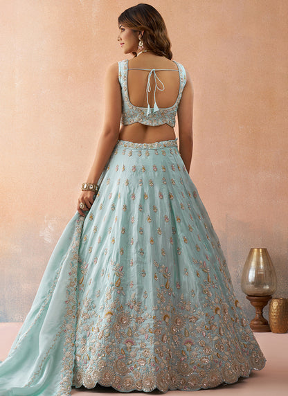 Sky Blue Tissue Bead Work Occasional Wear Lehenga Choli SW613894