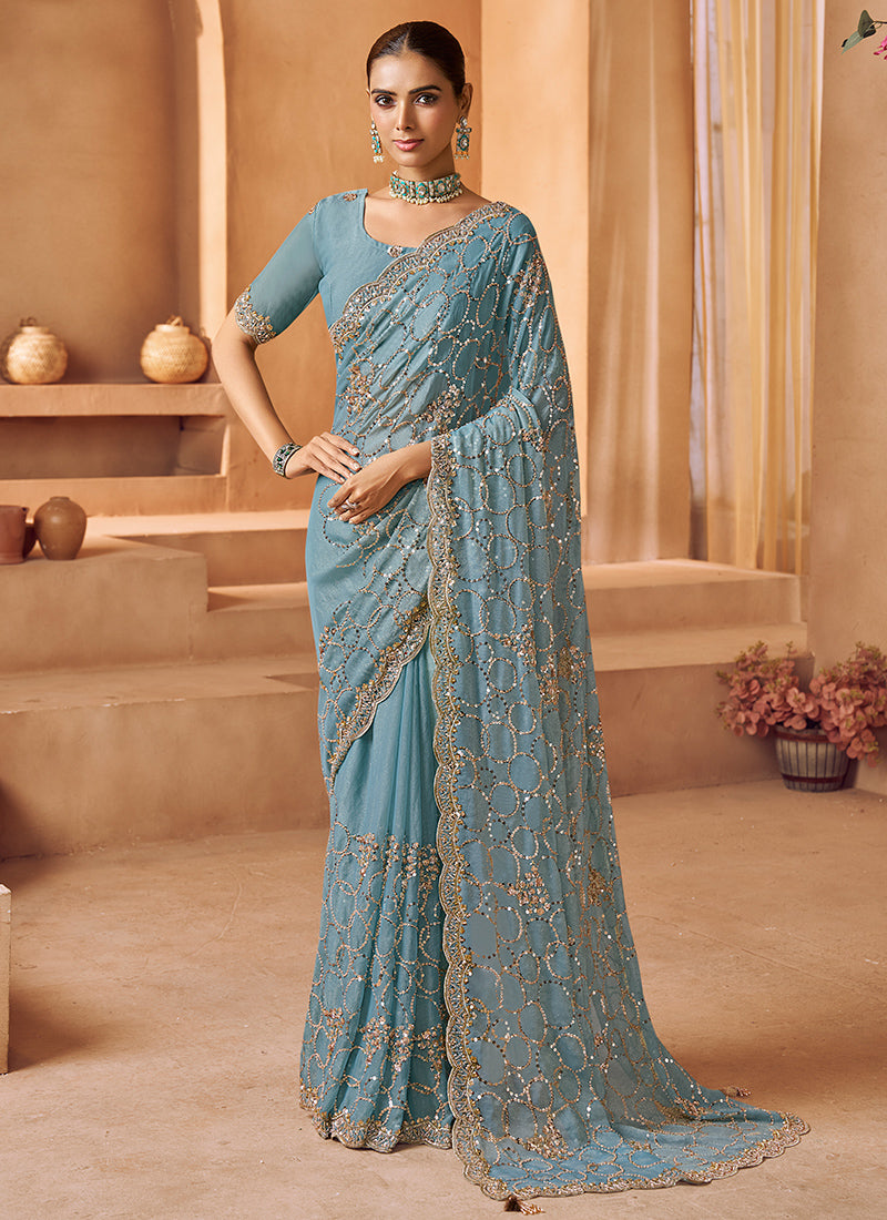 Tissue Sky Blue Saree with Sequin Work for Wedding Wear 381704