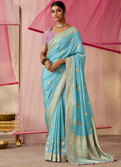 Sky Blue Viscose Silk Embroidery Work Occasional Wear Saree SW697241