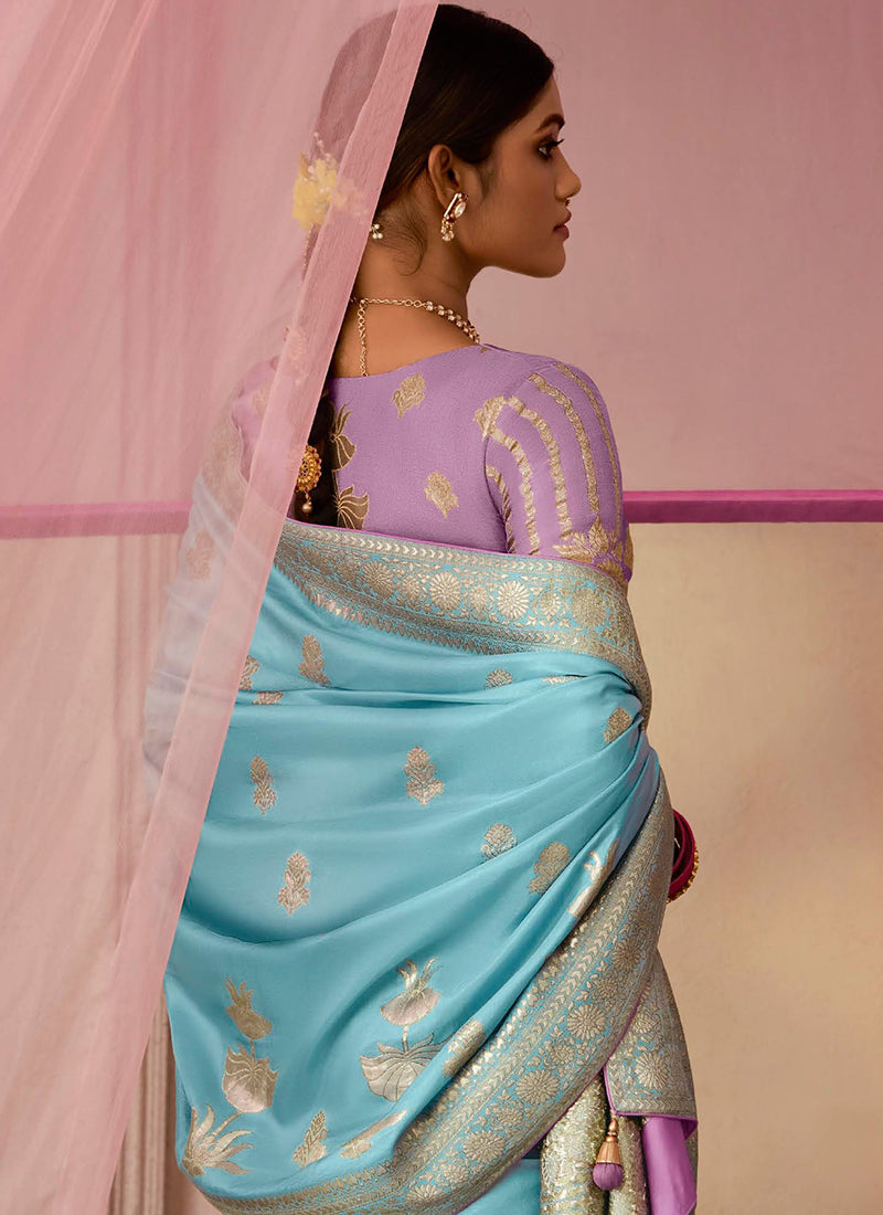 Sky Blue Viscose Silk Embroidery Work Occasional Wear Saree SW697241