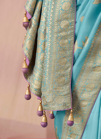 Sky Blue Viscose Silk Embroidery Work Occasional Wear Saree SW697241
