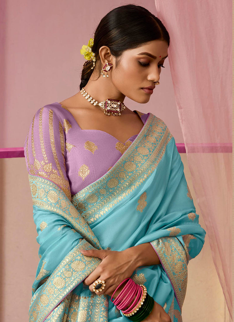 Sky Blue Viscose Silk Embroidery Work Occasional Wear Saree SW697241