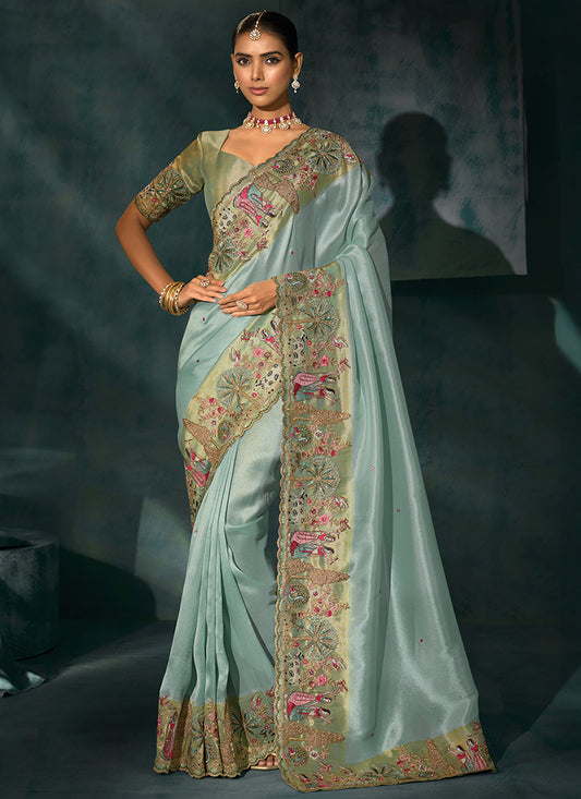 Ziraf Silk Sky Blue Designer Saree with Heavy Work for Bridal Wear 384681