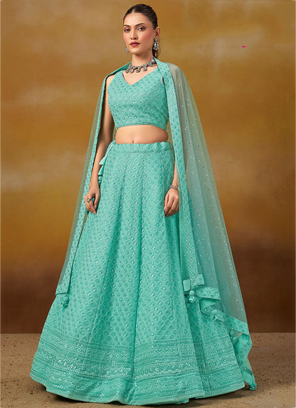 Georgette Sky Wedding Wear Thread Embroidery Work Lehenga Choli 385599