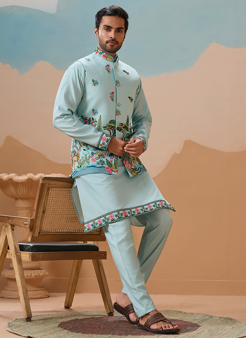 Viscose Silk Sky Festival Wear Sequins Embroidery Work Readymade Modi Jacket Kurta Pajama 388288