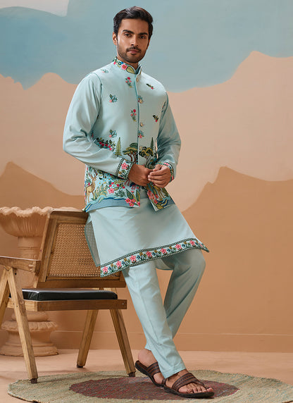 Viscose Silk Sky Festival Wear Sequins Embroidery Work Readymade Modi Jacket Kurta Pajama 388288