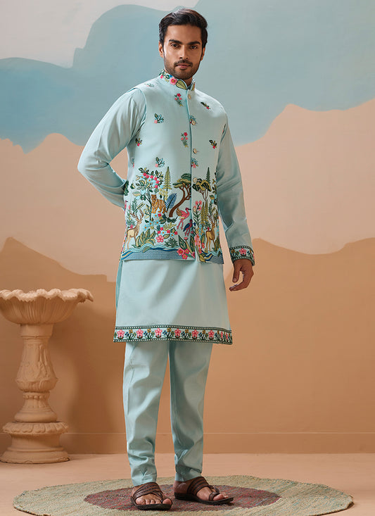 Viscose Silk Sky Festival Wear Sequins Embroidery Work Readymade Modi Jacket Kurta Pajama 388288