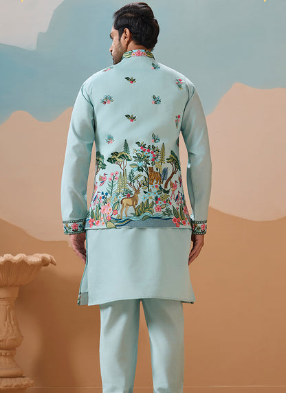 Viscose Silk Sky Festival Wear Sequins Embroidery Work Readymade Modi Jacket Kurta Pajama 388288