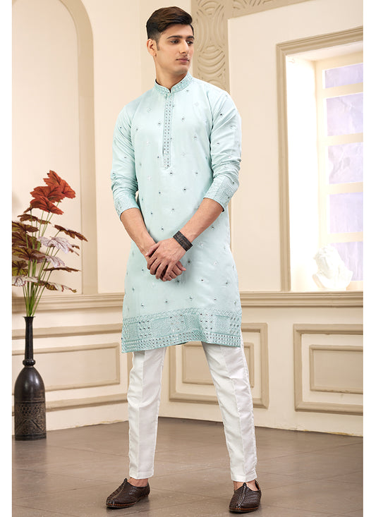 Sky Blue Art Silk Readymade Kurta Pajama for Party Wear