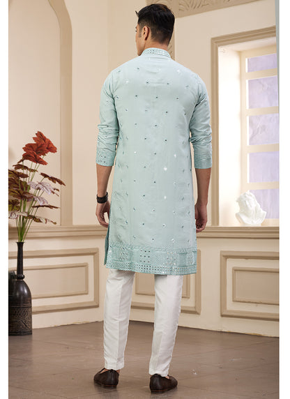 Sky Blue Art Silk Readymade Kurta Pajama for Party Wear