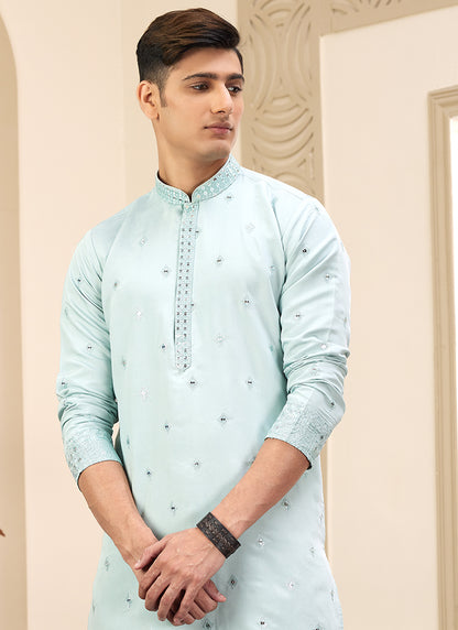 Sky Blue Art Silk Readymade Kurta Pajama for Party Wear
