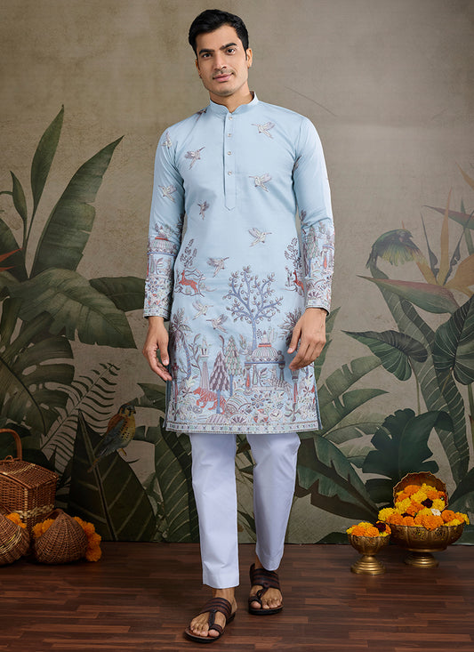 Viscose Silk Classic Sky Blue Traditional Thread Work Readymade Kurta