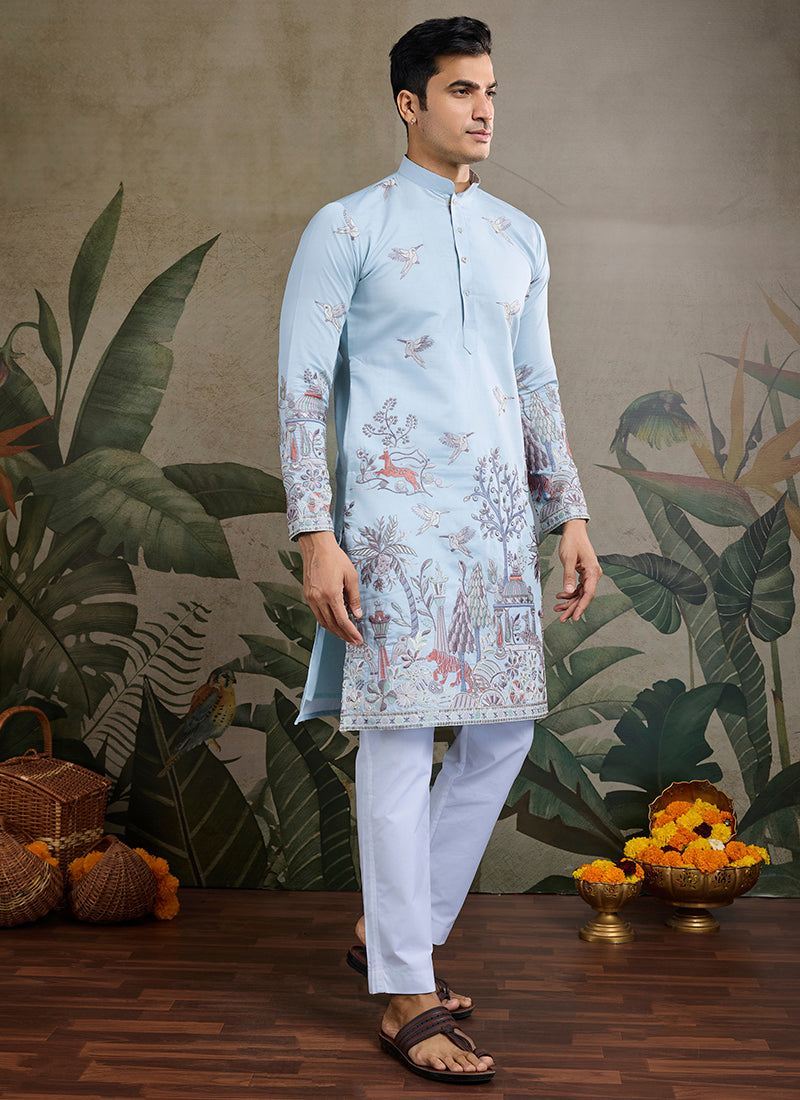 Viscose Silk Classic Sky Blue Traditional Thread Work Readymade Kurta
