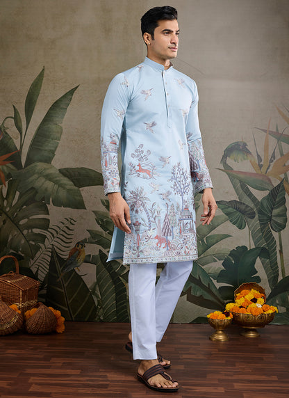 Viscose Silk Classic Sky Blue Traditional Thread Work Readymade Kurta