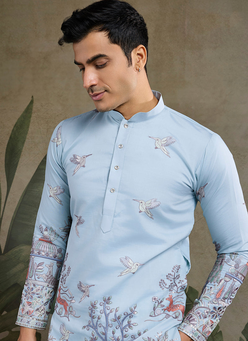 Viscose Silk Classic Sky Blue Traditional Thread Work Readymade Kurta