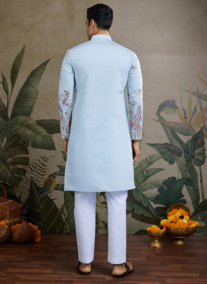 Viscose Silk Classic Sky Blue Traditional Thread Work Readymade Kurta