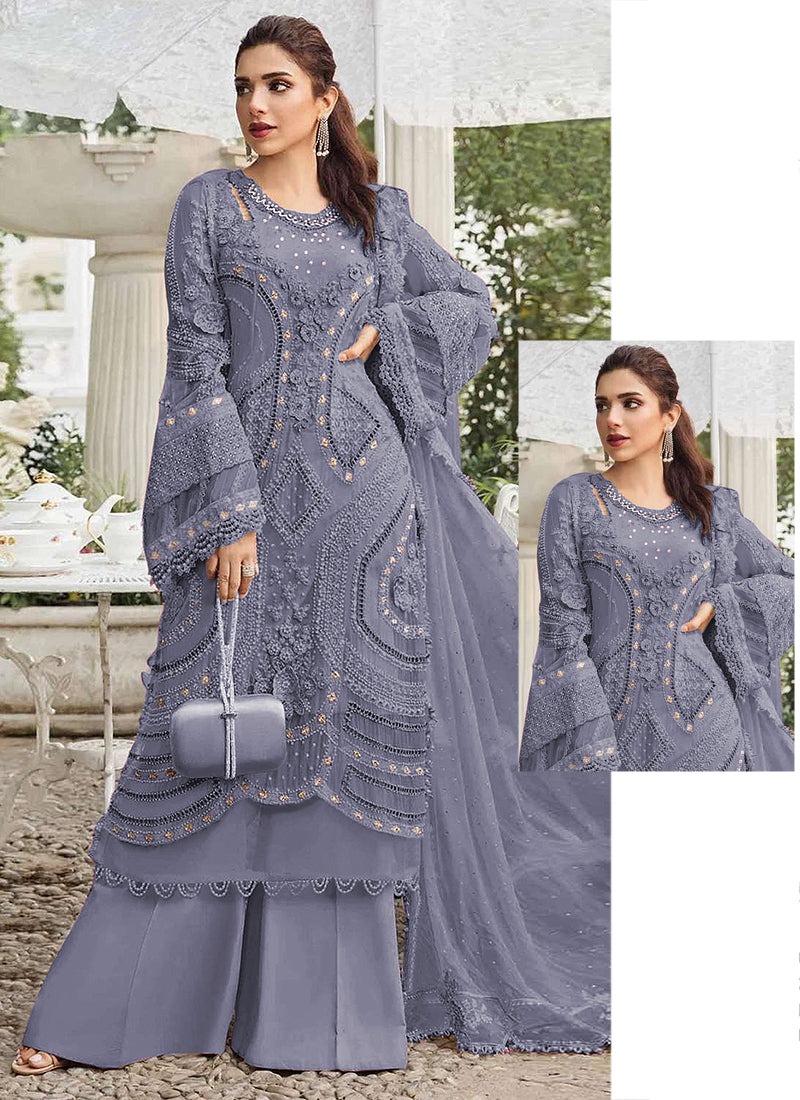Faux Georgette Slate Blue Eid Wear Embroidery Work Pakistani Suit 387666