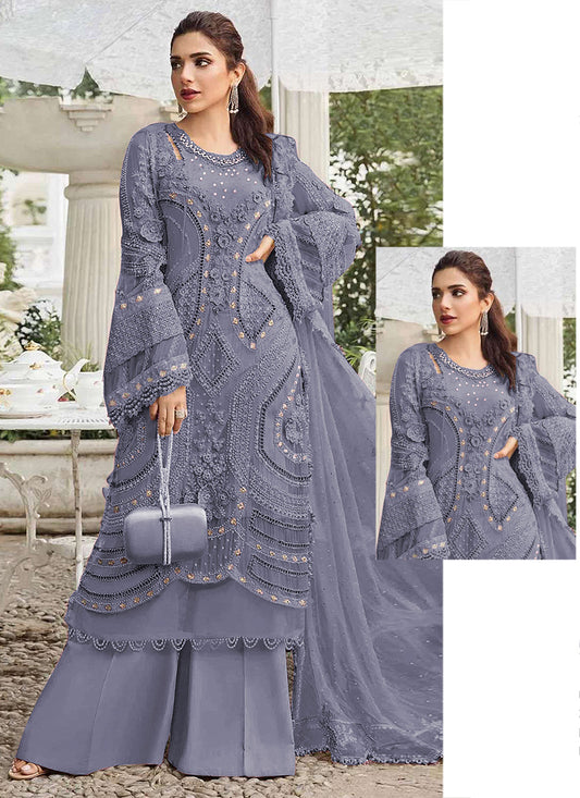 Faux Georgette Slate Blue Eid Wear Embroidery Work Pakistani Suit 387666