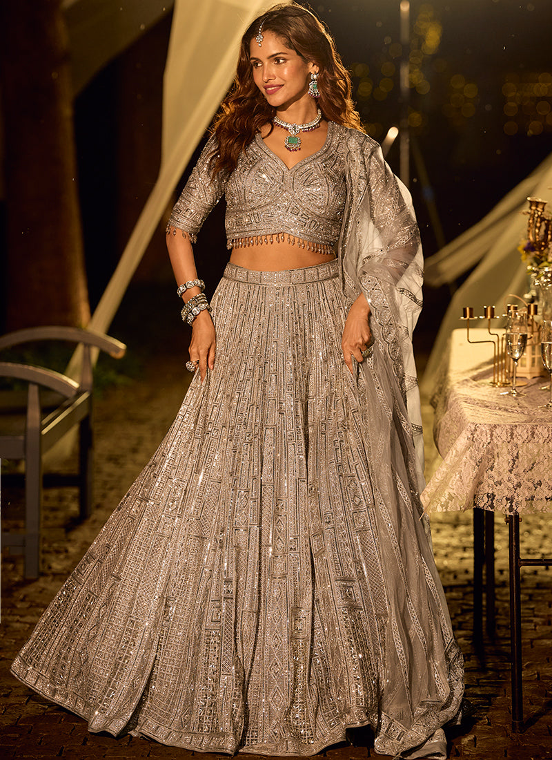 Pure Net Steel Grey Bridal Wear Heavy Work Readymade Bridal Lehenga Choli 388121