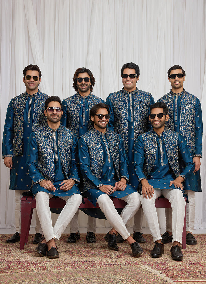 Teal Blue Art Banarasi Silk Patten Pcs Festival Wear Readymade Kurta Pajama With Jacket SW935772