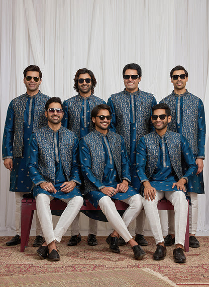 Teal Blue Art Banarasi Silk Patten Pcs Festival Wear Readymade Kurta Pajama With Jacket SW935772