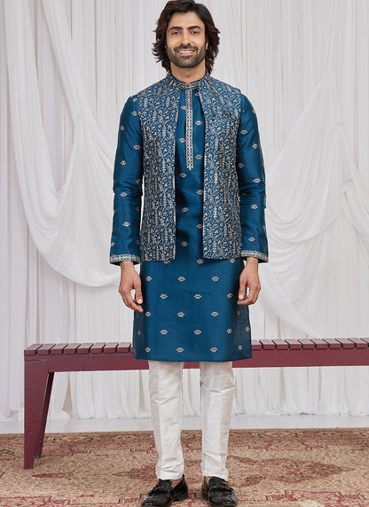 Teal Blue Art Banarasi Silk Patten Pcs Festival Wear Readymade Kurta Pajama With Jacket SW935772