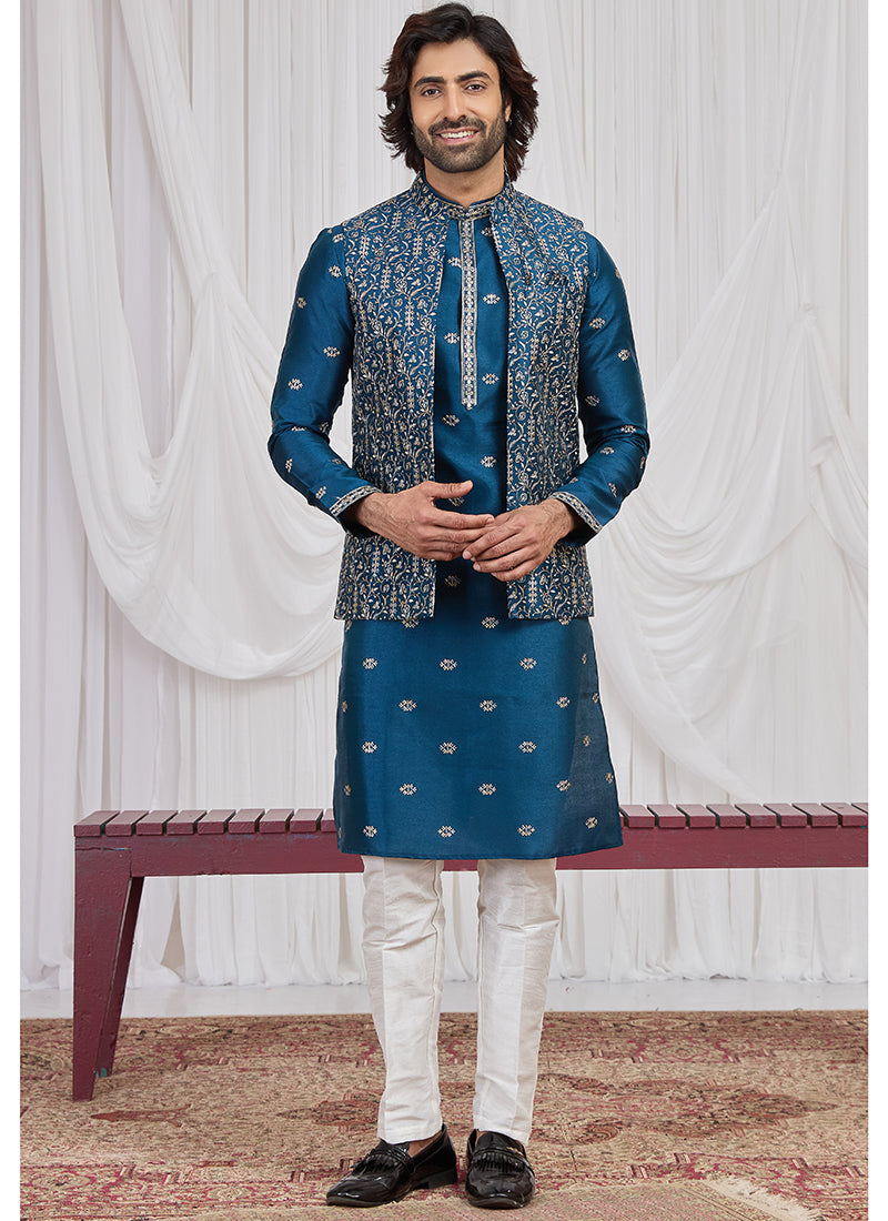 Teal Blue Art Banarasi Silk Patten Pcs Festival Wear Readymade Kurta Pajama With Jacket SW935772