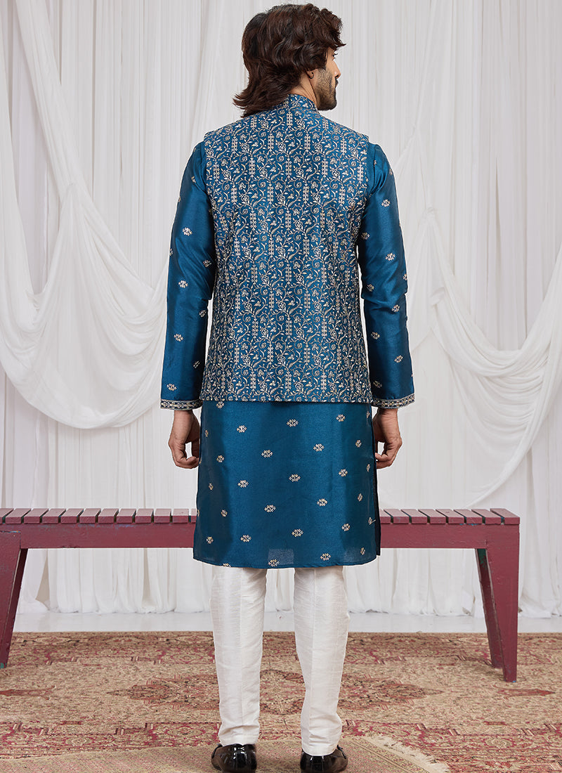 Teal Blue Art Banarasi Silk Patten Pcs Festival Wear Readymade Kurta Pajama With Jacket SW935772