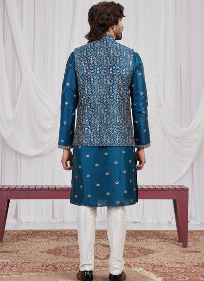 Teal Blue Art Banarasi Silk Patten Pcs Festival Wear Readymade Kurta Pajama With Jacket SW935772