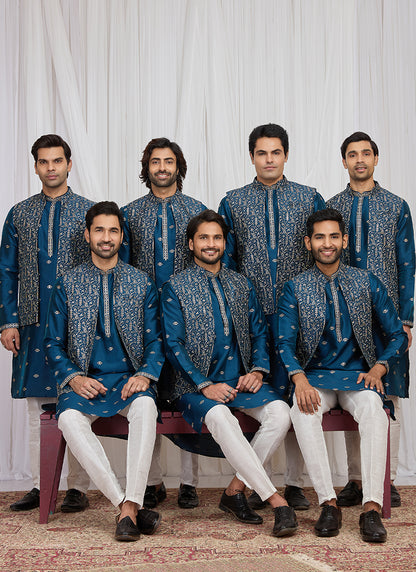 Teal Blue Art Banarasi Silk Patten Pcs Festival Wear Readymade Kurta Pajama With Jacket SW935772