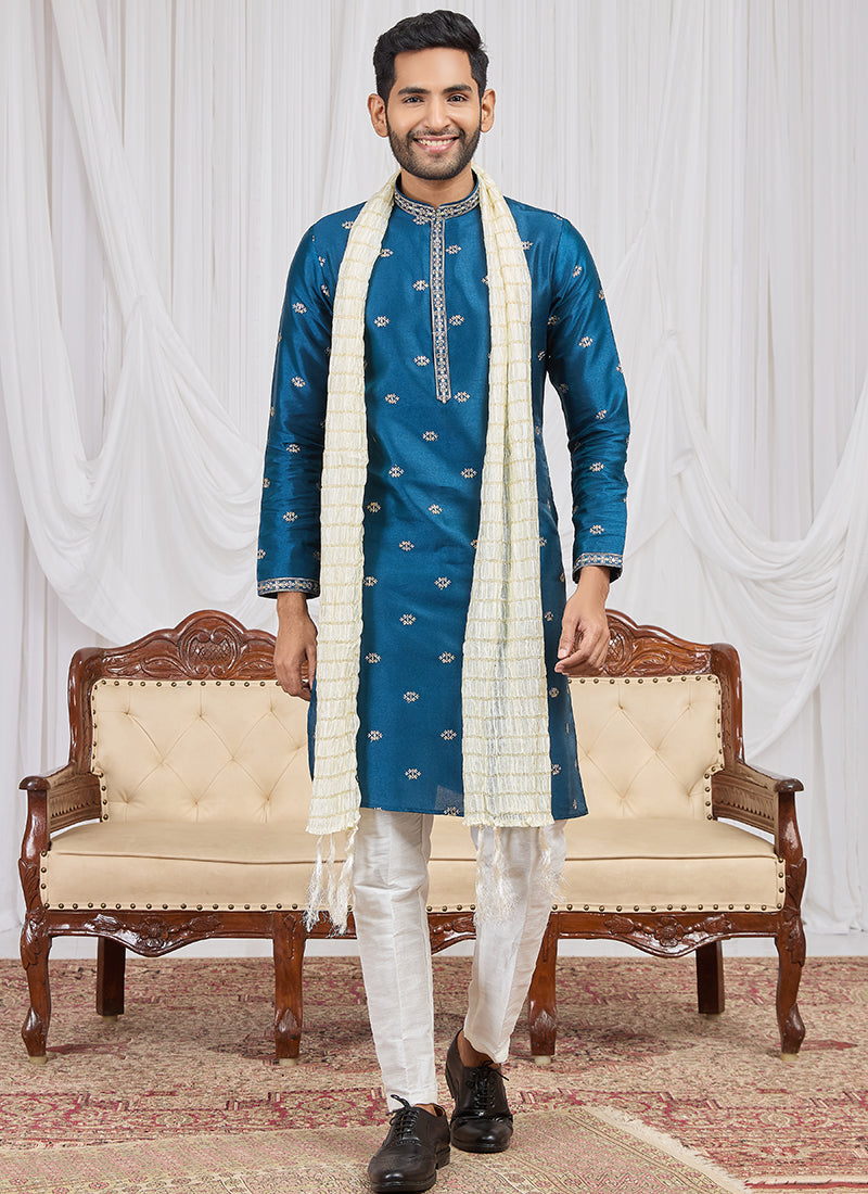 Teal Blue Art Silk Patten Pcs Occasional Wear Readymade Kurta Pajama With Stole SW195722