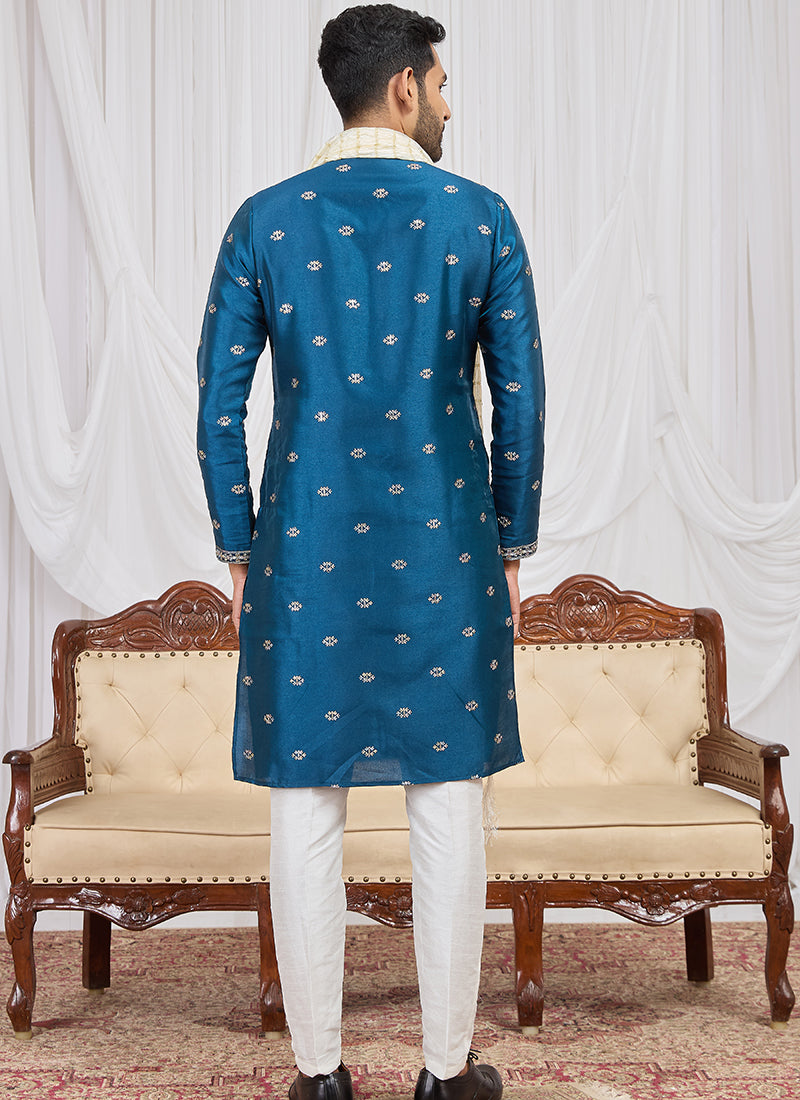 Teal Blue Art Silk Patten Pcs Occasional Wear Readymade Kurta Pajama With Stole SW195722