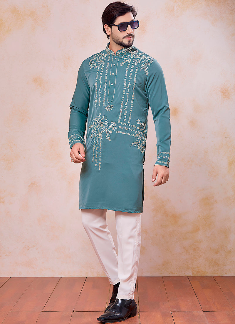 Teal Green Armani  Mirror Work Occasional Wear Readymade Kurta Pajama SW151726