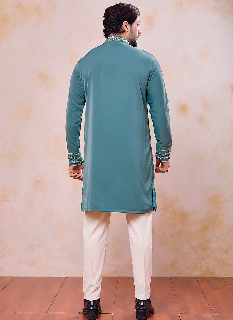 Teal Green Armani  Mirror Work Occasional Wear Readymade Kurta Pajama SW151726