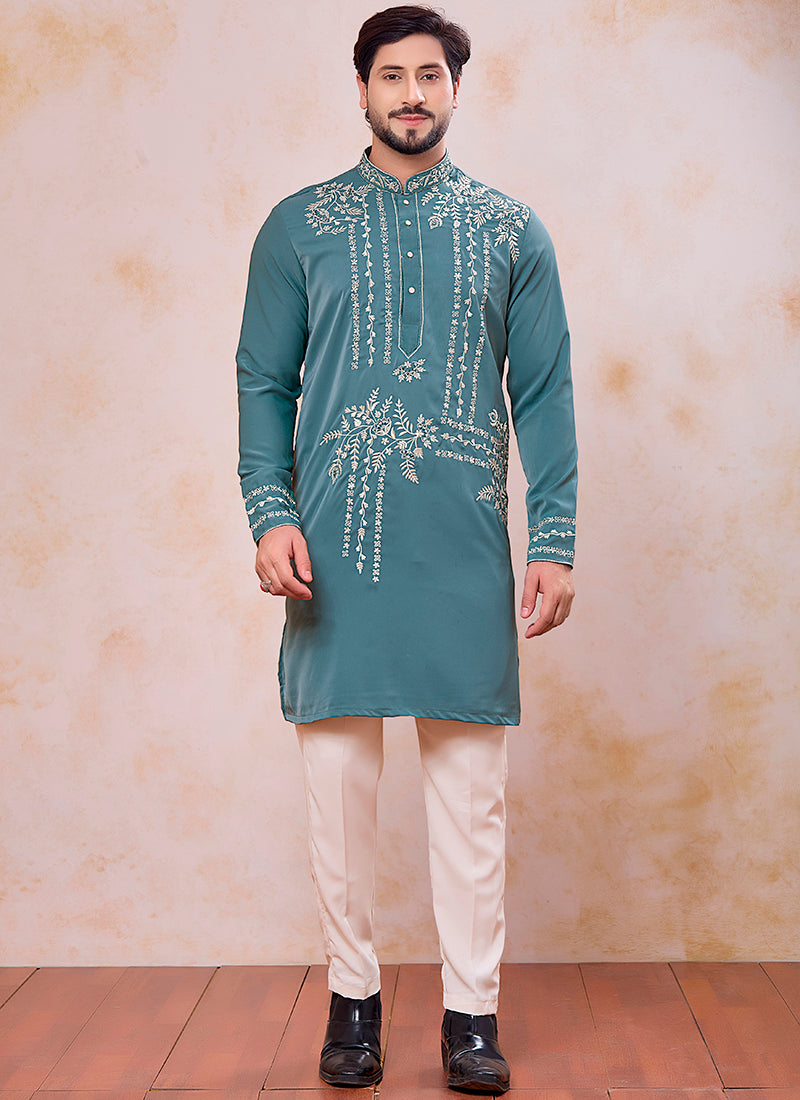 Teal Green Armani  Mirror Work Occasional Wear Readymade Kurta Pajama SW151726