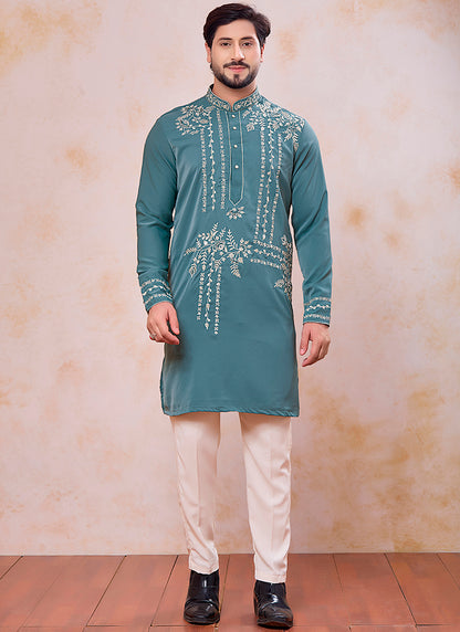 Teal Green Armani  Mirror Work Occasional Wear Readymade Kurta Pajama SW151726